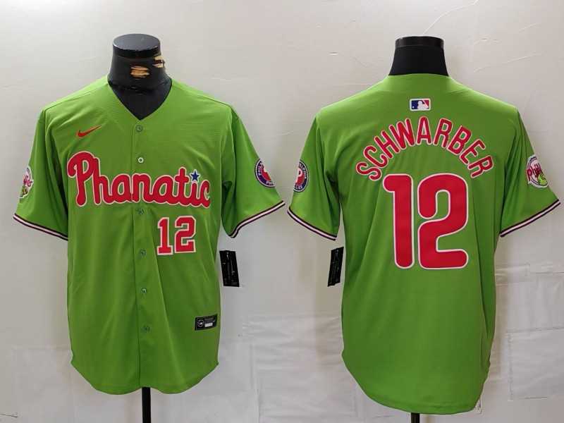 Mens Philadelphia Phillies #12 Kyle Schwarber Number Green With Patch Stitched Cool Base Nike Jersey